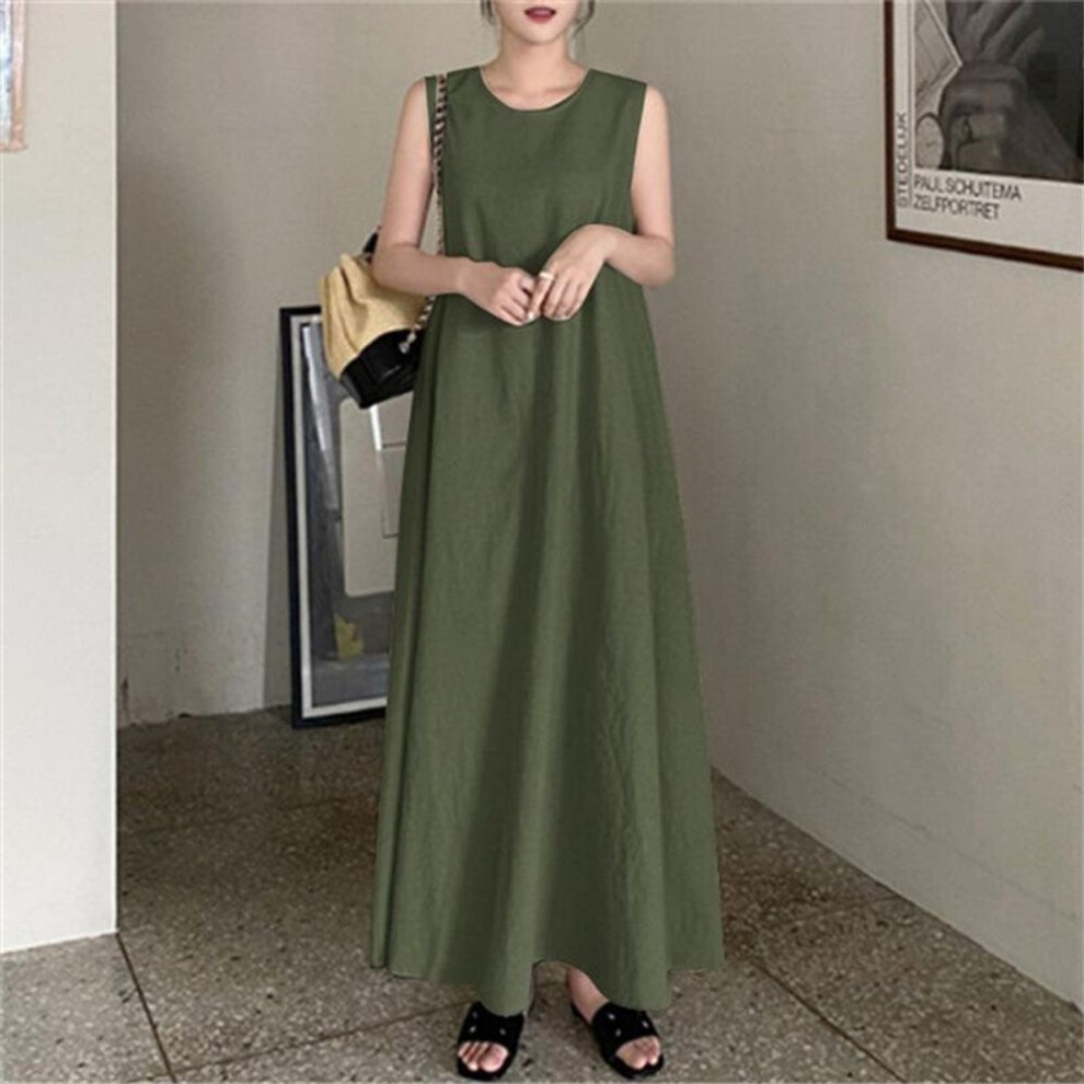 (army green, S) Plus Size Summer Women's Cotton Linen Long Halter Dress Loose Pocket Round Neck Temperament Sleeveless Big Swing Dresses