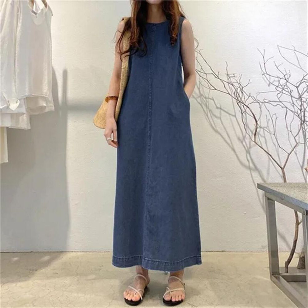 (dark blue, S) Summer Women's Dress Plus Size Fashion Round Neck Sleeveless Pockets Loose Long Vest Denim Dresses