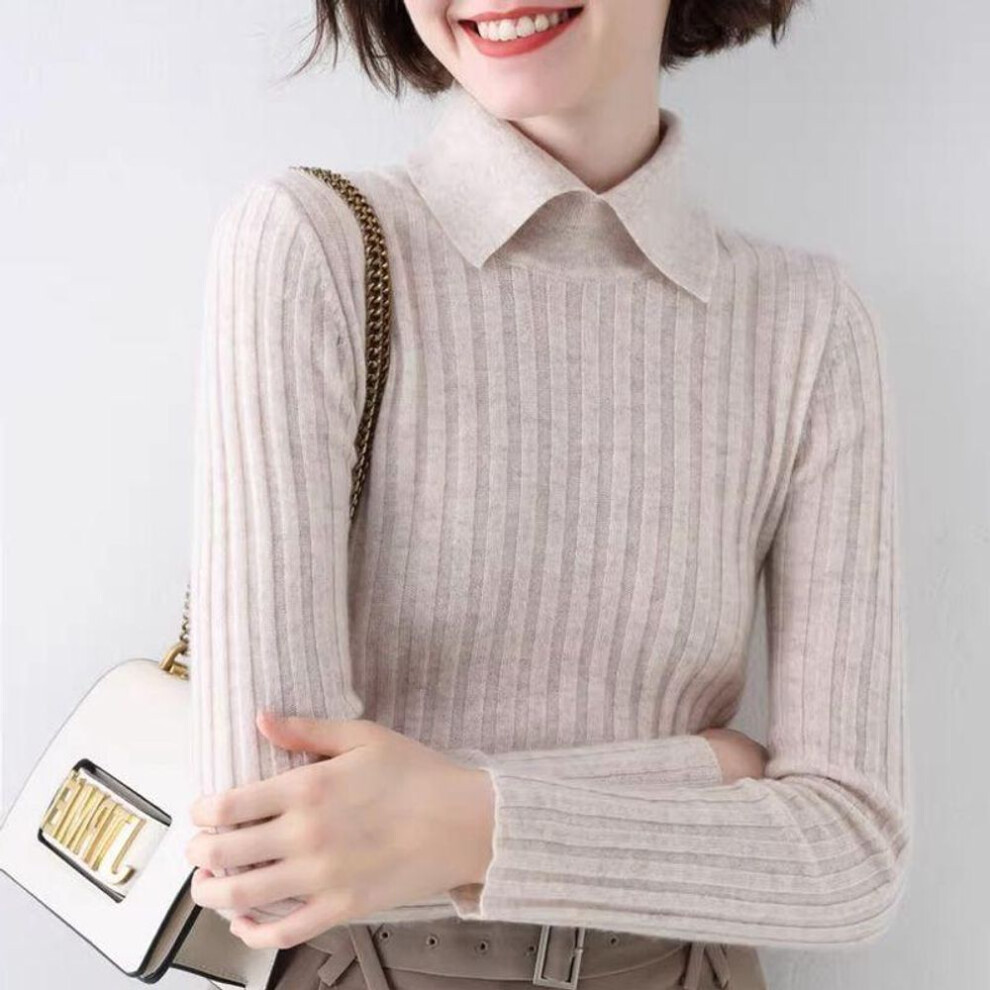 (XL, apricot) Autumn Winter Women Elegant Polo Collar Ribbed Knitted Sweater Solid Long Sleeve Slim Pullover Tops Basic Jumper Sweater