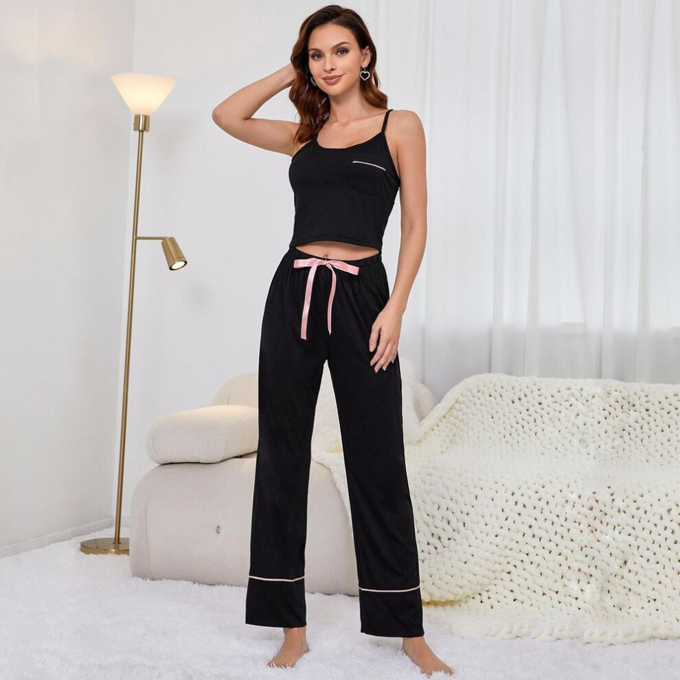 (L, black) Women's Sleep Lounge Wear Sling Crop Tops Draw String Long Pants Spring Summer Sleeping Suits 2 Pieces Pajamas Set In Black Home Casual Wear