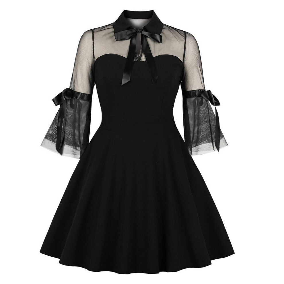 (black, M) Women Dress Retro Swing Mesh Gothic Party Wear Flutter Sleeve Sweet Heart Neck With Bow Skater Evening Cocktail Formal Outfit Midi Dresses
