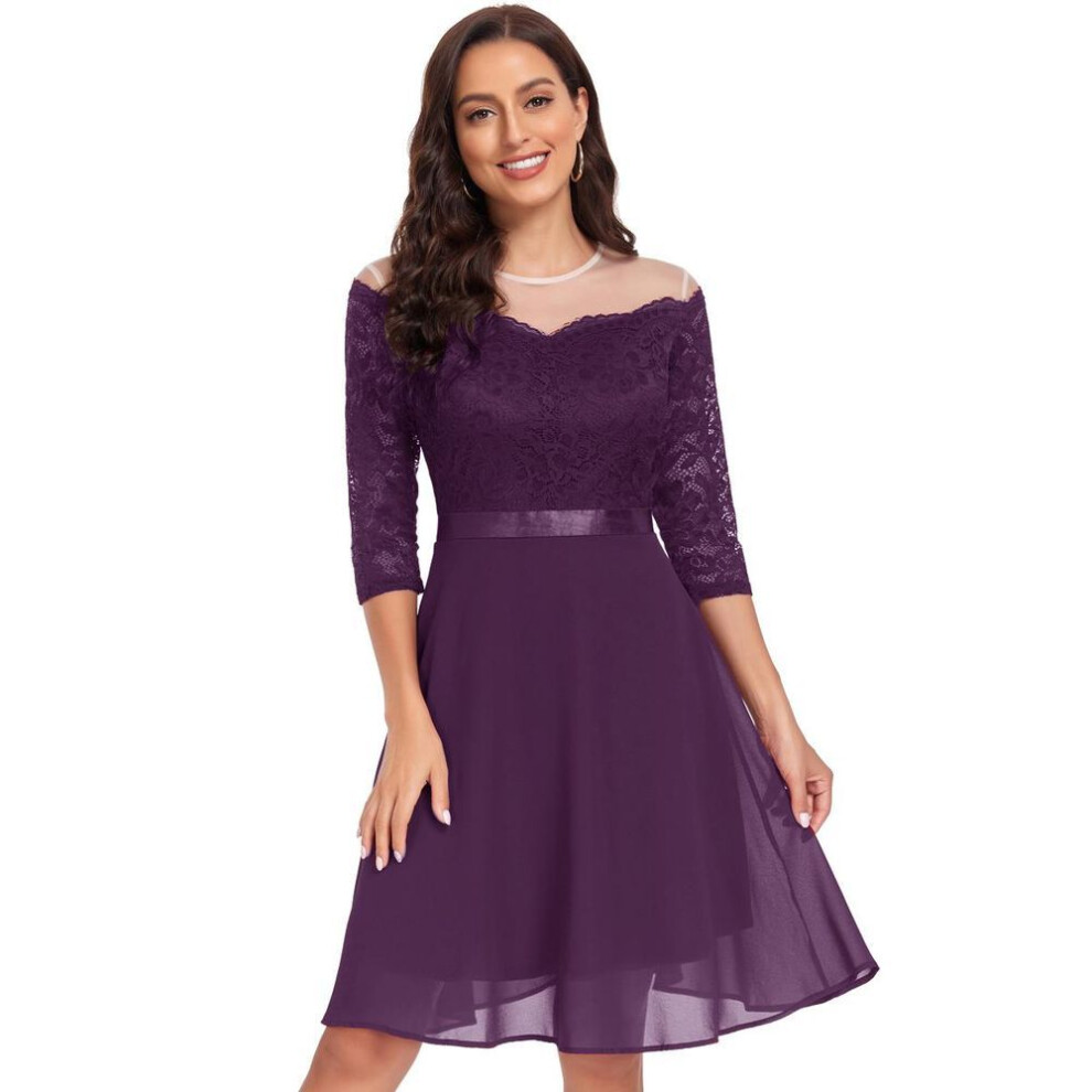 (purple, M) Women's Dresses Off Shoulder Midi A Line Swing Cocktail Evening Lace Dress Belt Chiffon Skirts Bridesmaid Wedding Guest Prom Occasion Wear