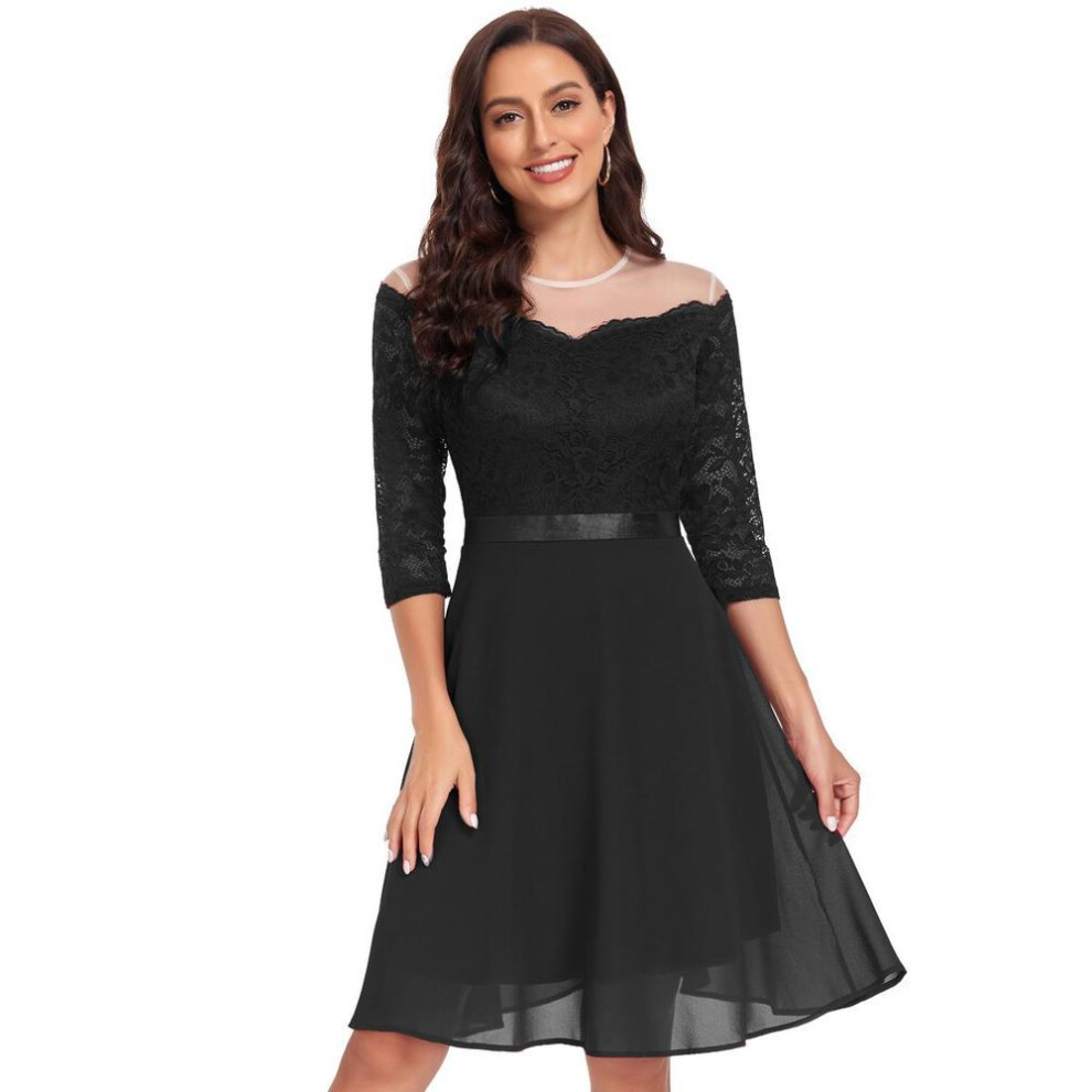(black, M) Women's Dresses Off Shoulder Midi A Line Swing Cocktail Evening Lace Dress Belt Chiffon Skirts Bridesmaid Wedding Guest Prom Occasion Wear