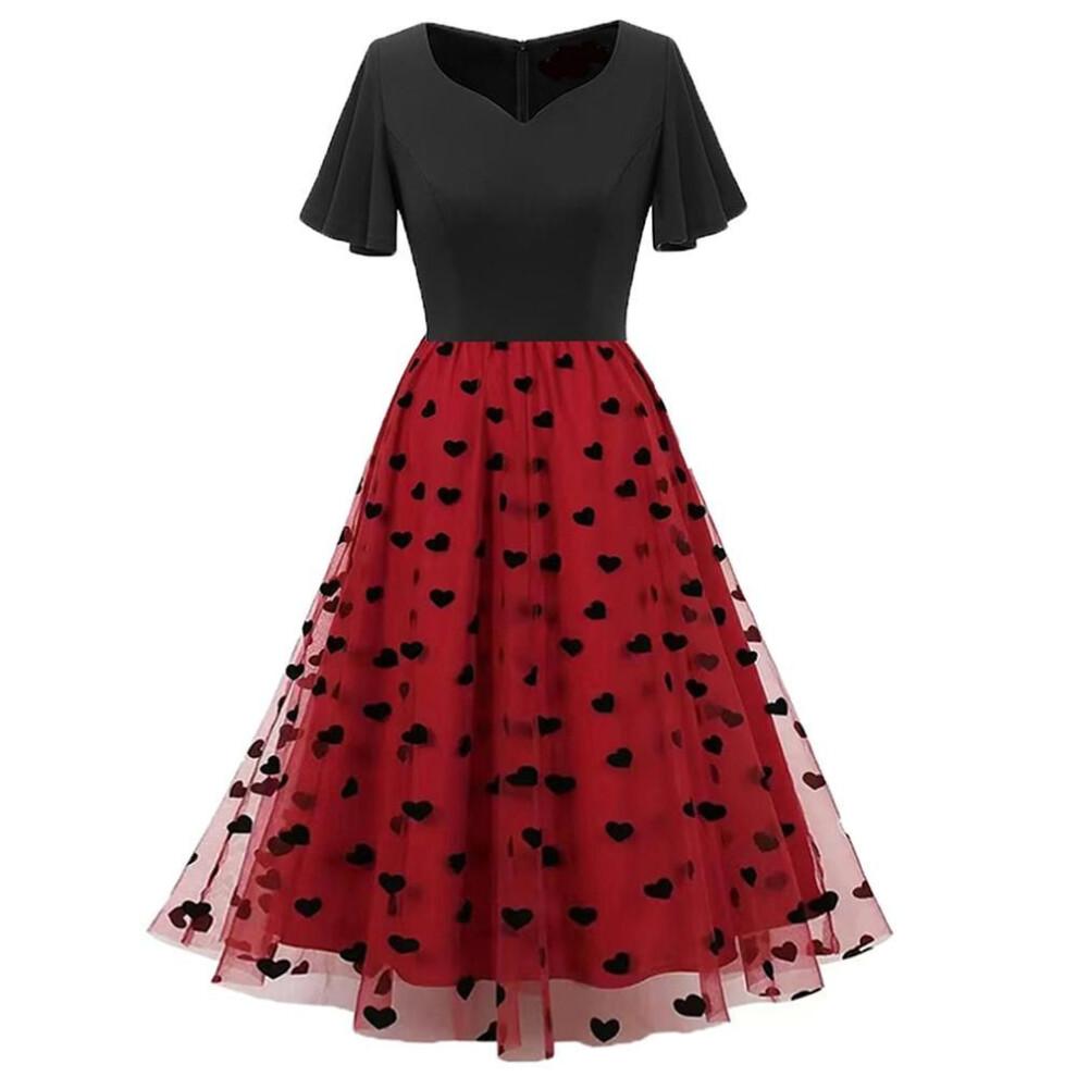 (red,black, M) Women's Sun Dresses Mesh Fluffy Printed Embroidery Retro Palace Style Swing Midi Dress Holiday Party Casual Outer Wear