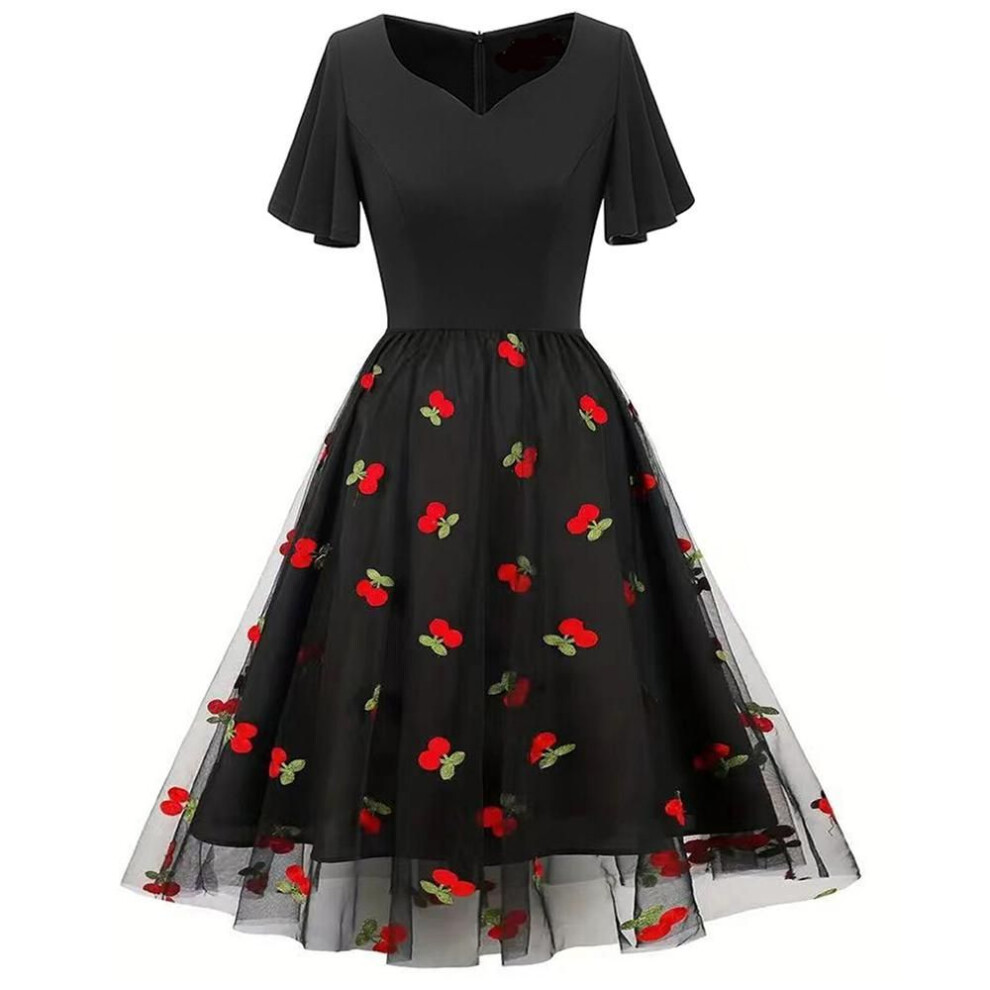 (black, L) Women's Sun Dresses Mesh Fluffy Printed Embroidery Retro Palace Style Swing Midi Dress Holiday Party Casual Outer Wear