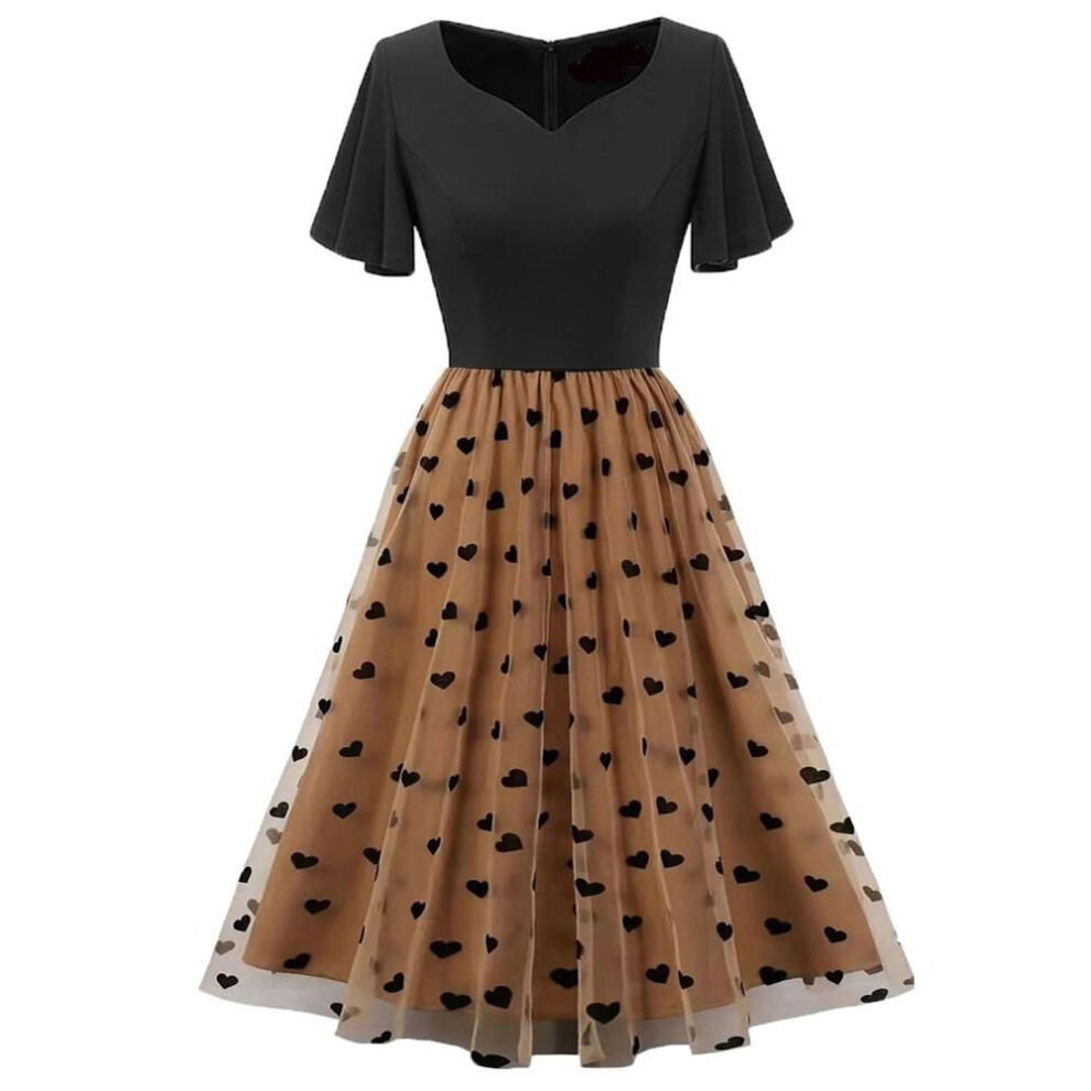 (brown,black, L) Women's Sun Dresses Mesh Fluffy Printed Embroidery Retro Palace Style Swing Midi Dress Holiday Party Casual Outer Wear