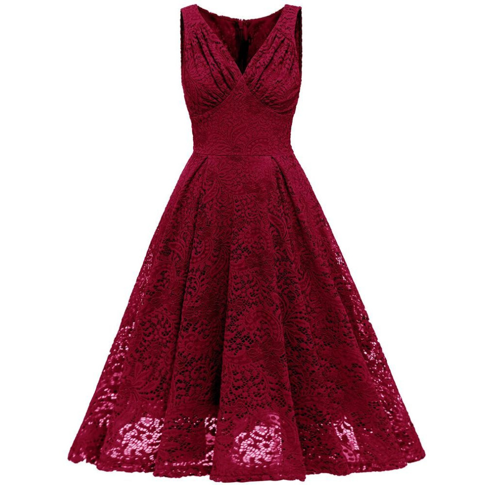 (burgundy, S) Women's Elegant Vintage Lace Dress V Neck Ruched Bust Cinched Waist Milkmaid Prom Skater Midi Cocktail Evening Party Formal Special Occasion Outfits