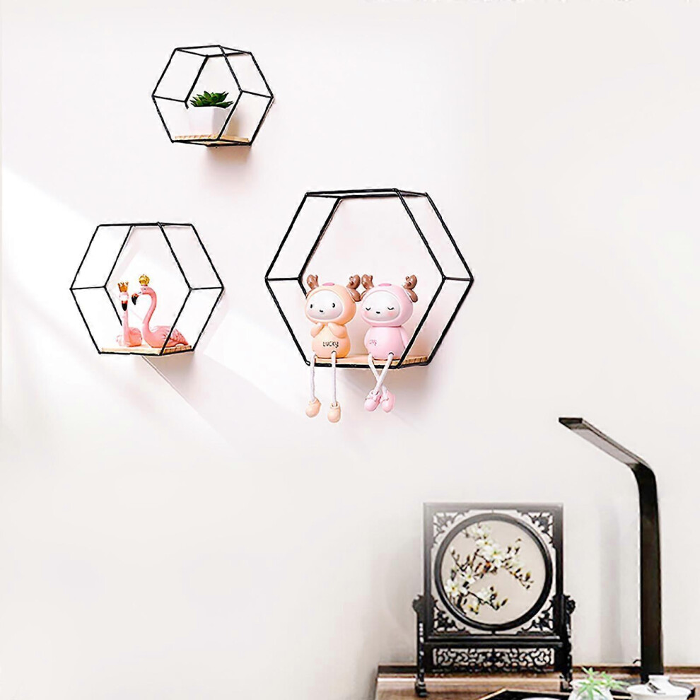 (Black, One Size) Set Of 3 Modern Hexagon Iron Wall Shelf Display Floating Shelf Golden 5413693819395