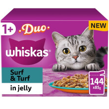 Whiskas 1+ Surf & Turf in Jelly 144 x 85g Pouches ? Adult Wet Cat Food Megapack with Meat & Fish Variety, Nutritionally Balanced Meals with Essential