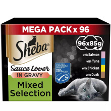 Sheba Sauce Lover Wet Cat Food Trays - Mixed Selection in Gravy, 96 x 85g | Tender Meat & Complete Nutrition