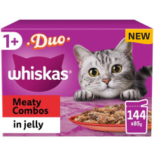 Whiskas 1+ Meaty Combos in Jelly, 144 x 85g Pouches - Complete Adult Wet Cat Food with Chicken, Duck, Poultry & Turkey (Bulk Pack)