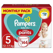 Pampers Baby Nappy Pants Size 5 (12-17 kg/26-38 Lb), Baby-Dry, 144 Nappies, MONTHLY SAVINGS PACK, With A Stop & Protect Pocket To Help Prevent Leaks