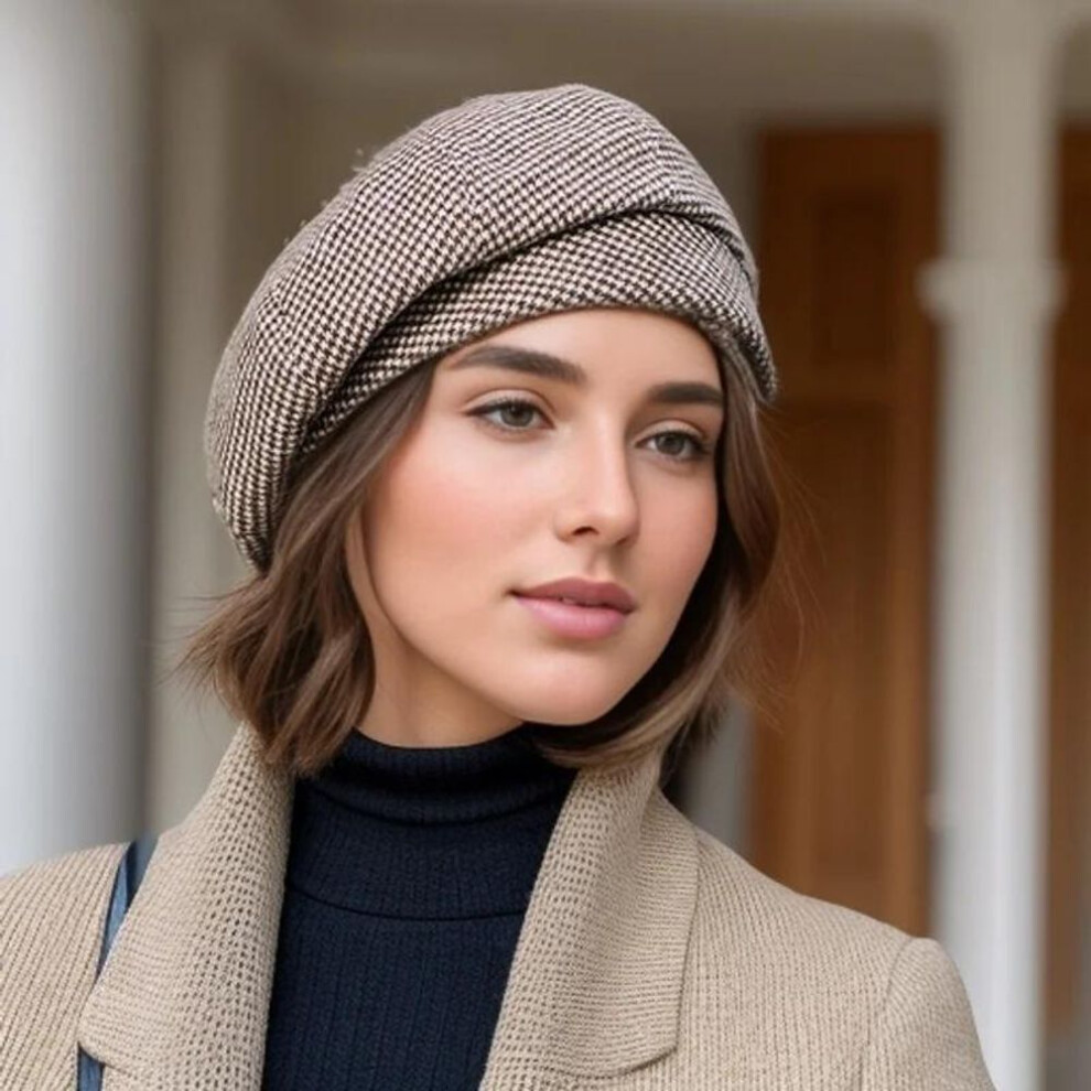 (coffee) Simple Women Wool Beret For Elegant Lady Winter Female Cotton Hats Plaid Vintage Octagonal Casual Autumn Cap
