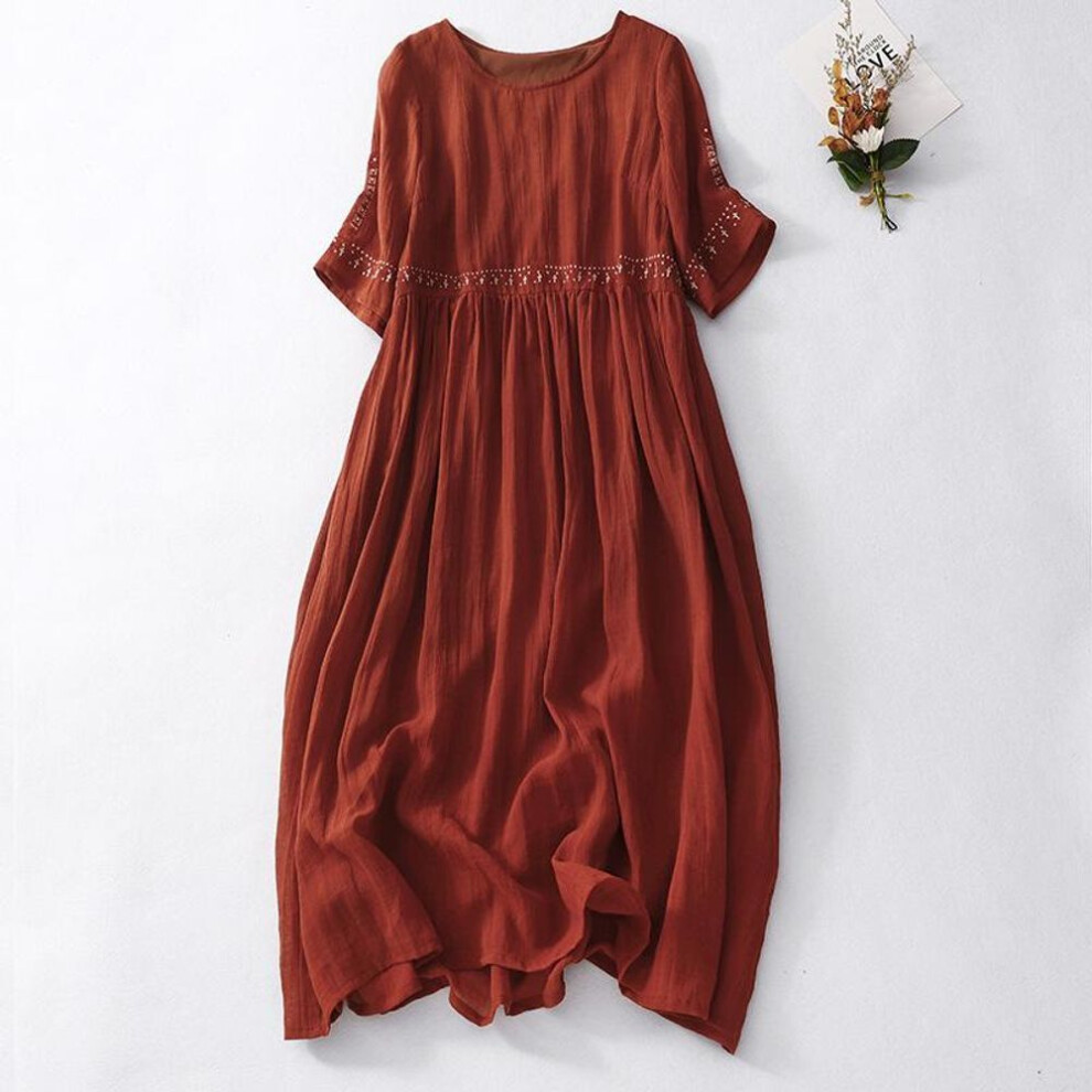 (red, M) Summer Literary Retro Loose Embroidery Women's Plus Size Simple Temperament Dress