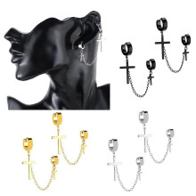 (N109, One size) 2pcs Stainless Steel Double Cross Dangle Chain Men's Hoop Earrings Black