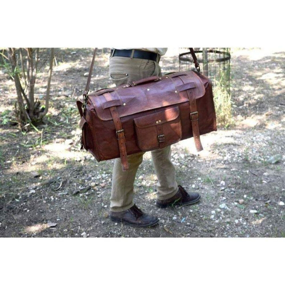 (brown, 24 x 11 x 9 in) Men's Travel Luggage Handmade Vintage Goat Leather Duffel Brown Weekend Gym Bag