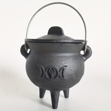 (Triple Moon) Cast Iron Cauldron With Lid And Carry Handle For Spells, Halloween Decoration Or Incense Burning, Classic Useful Practical Supplies