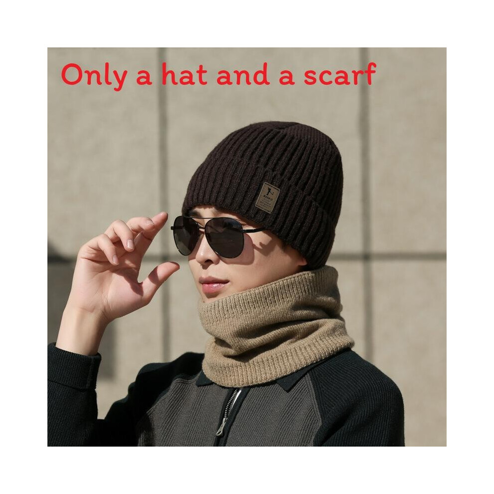(Brown Hat Scarf)Casquette hiver tricotée avec impression lettre et motif protection oreille pour saison froide