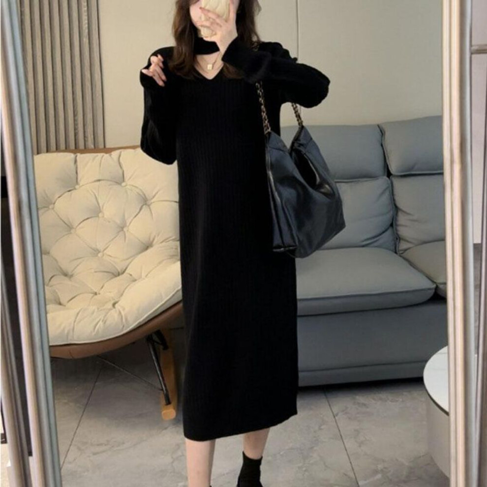 (black, One Size) High Grade Matching Coat Knit Long Sweater Dress Women Autumn And Winter Loose Solid V-neck Sweater Niche Dress Pullover Female