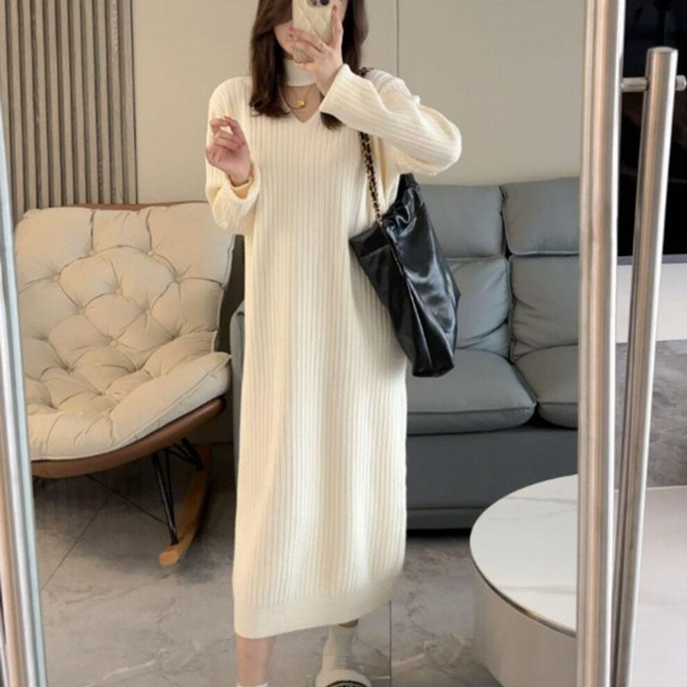 (beige, One Size) High Grade Matching Coat Knit Long Sweater Dress Women Autumn And Winter Loose Solid V-neck Sweater Niche Dress Pullover Female
