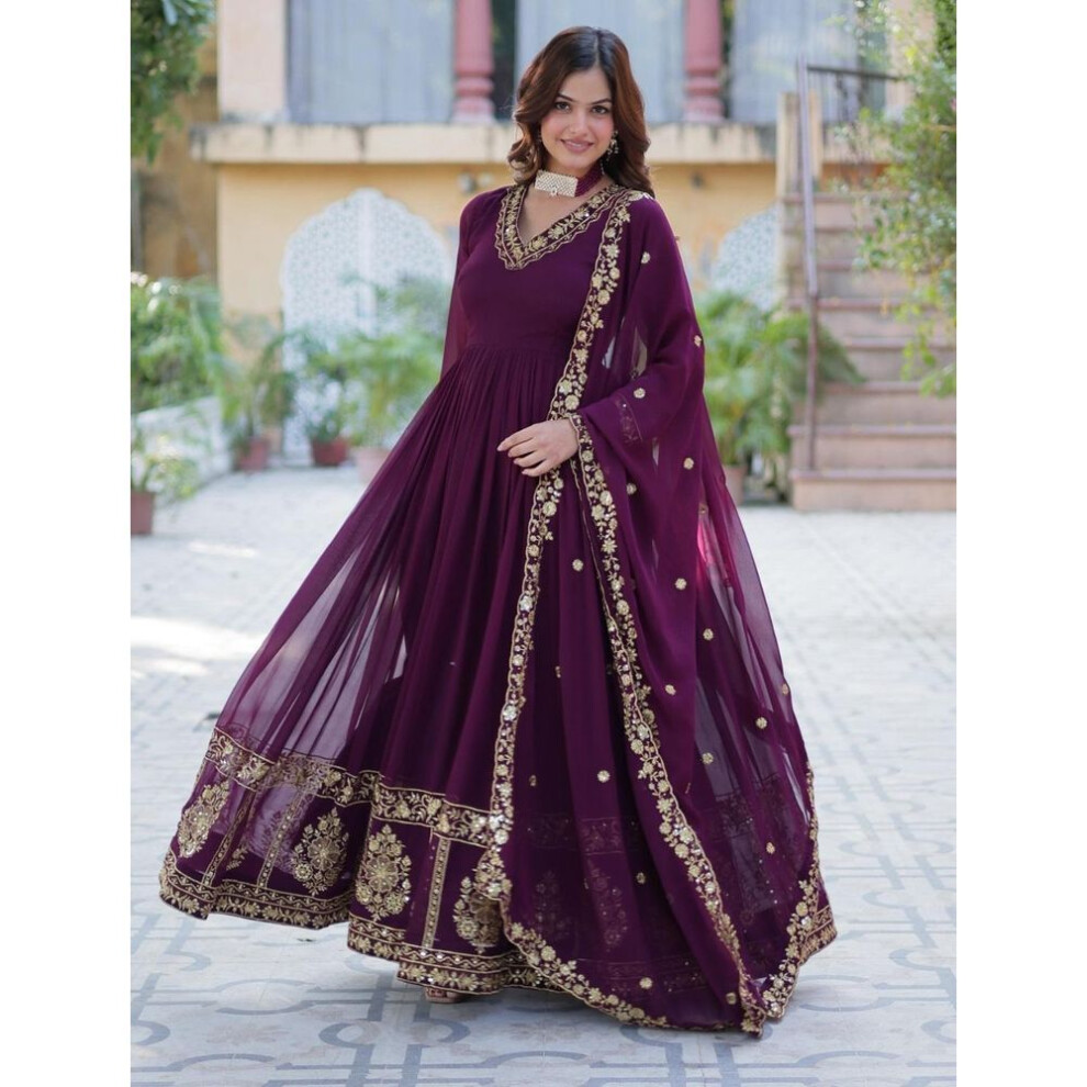 (wine, L) Indian Pakistani Readymade Gown With Dupatta Set Party Wear Bollywood Ethnic Kurti Designer