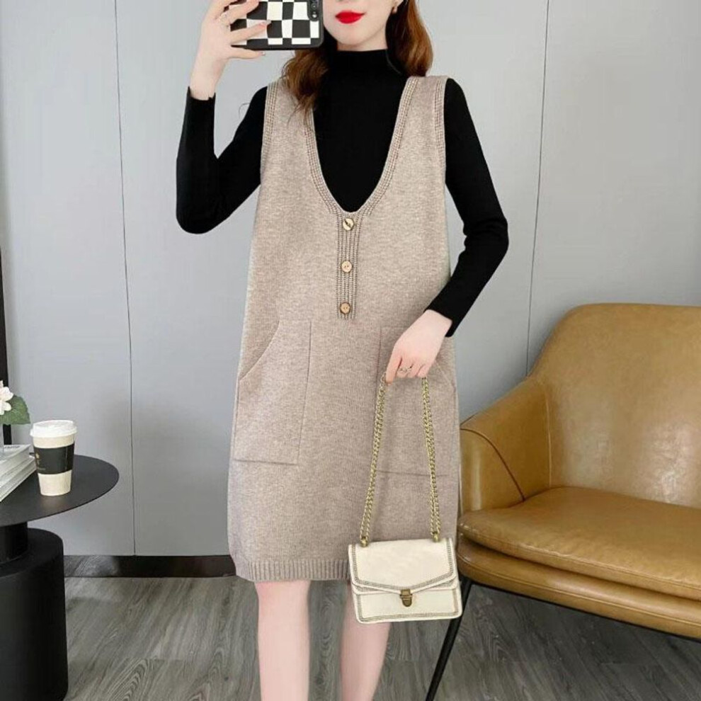 (khaki, One Size) Sweater Vest Female Autumn/winter New Knitted Dress Women Korean Casual Loose Fitting Mid Length Vest Female Tops