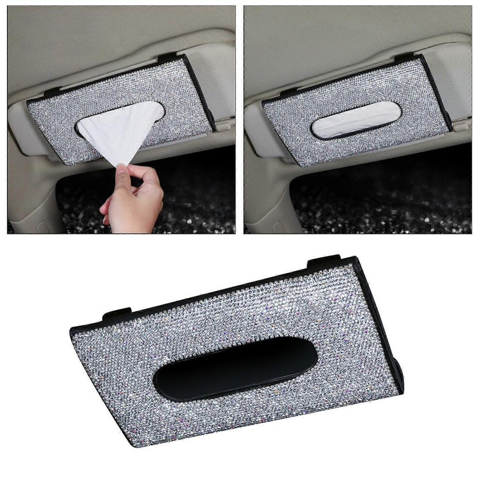 (As Show, One Size) Car Visor Tissue Holder Pu Leather Sparkling Crystals Paper Towel Cover Case For Women - Black 4634036173610
