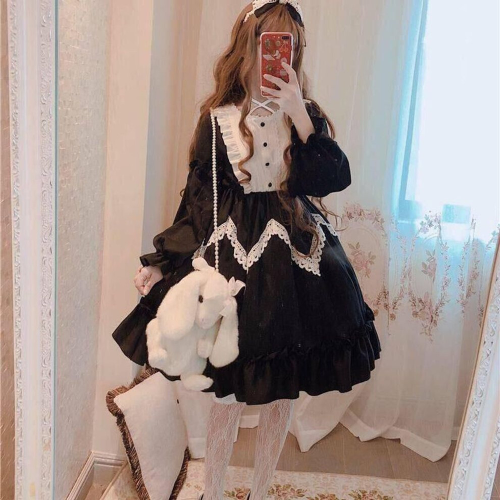 (black, M) Lolita Style Dress Women's Lace Maid Princess Dress Lovely Japanese Women's Sweet Medium Skirt Long Skirt Fluffy Skirt