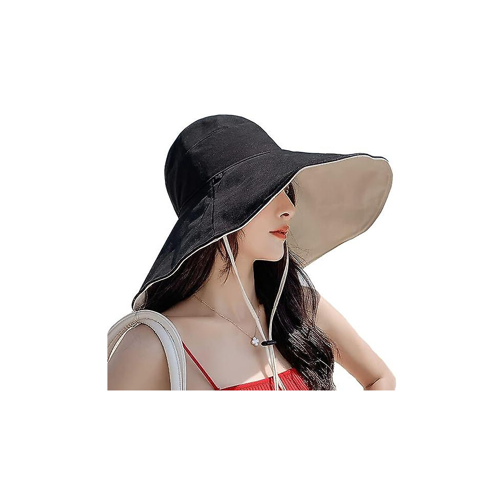 (As show, One size) Women&#39;s Sun Hats Summer Beach Uv Protection Upf Packable Wide Brim Chin Strap,can Be Worn On Both Sides Oversized Bucket Hat-image-OPC-PHSRTR7-NEW