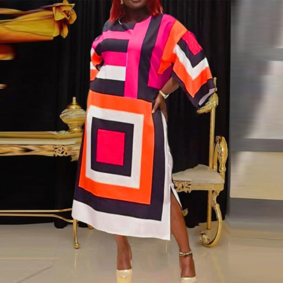 (orange, L) Women Plus Size Round Neck Long Sleeve Square Print Dresses