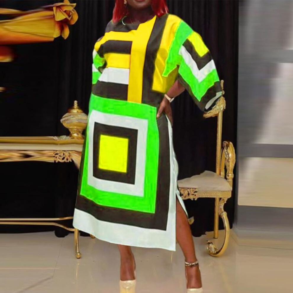 (green, 3XL) Women Plus Size Round Neck Long Sleeve Square Print Dresses