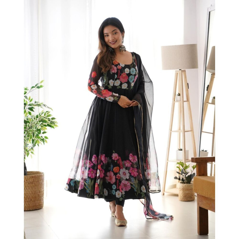 (black, 2XL) Women Bollywood Anarkali Gown Pant And Dupatta Set Salwar Kameez Ready To Wear Dress