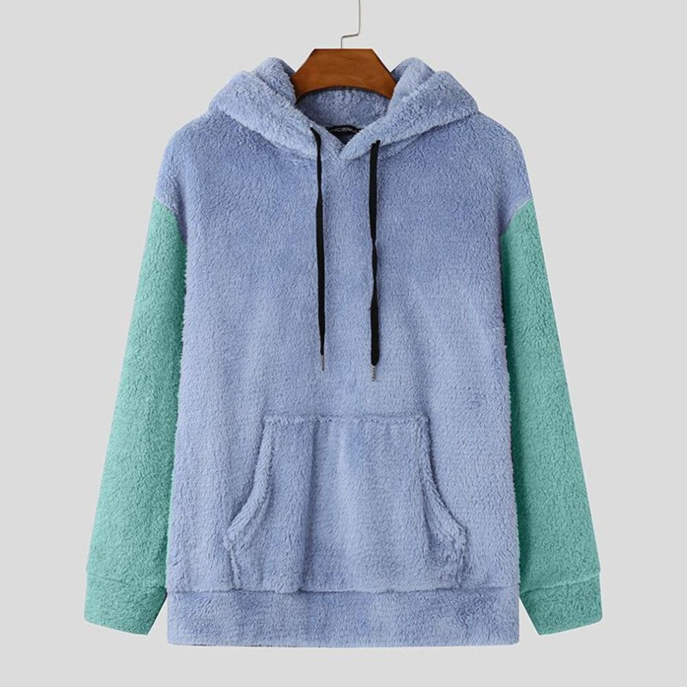 (green, S) Incerun Men Autumn Winter Long Sleeve Furry Stitching Pullover Hoodies Sweatshirts