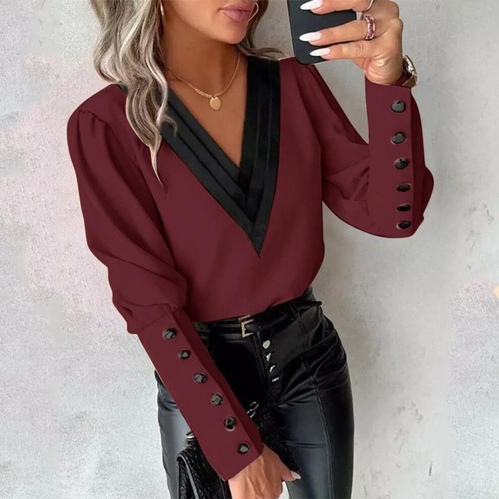 (3XL, red) Vonda Women Autumn V-neck Long Sleeve Decorated Cufflink Blouses