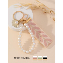 (Pink, one-size) Faux Pearl Decorated Leaf Design Keychain, Key Fob, Keychain Lanyard, Elegant Beads Keychain for Women & Girls, Fashion Bag Charms Accessories for
