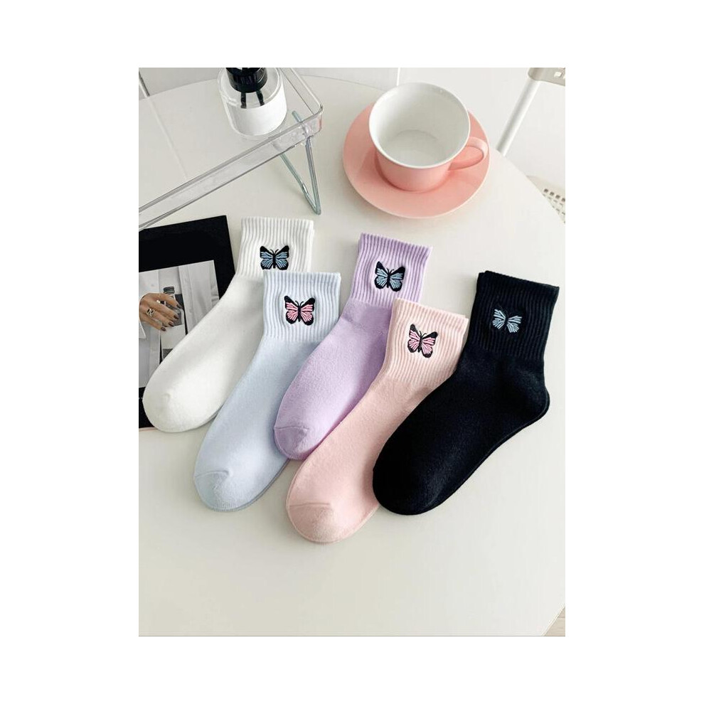 (Multicolor, EU36-39) Women's 5 Pairs Butterfly Embroidery Crew Socks,Â CasualÂ Cute FashionÂ FittedÂ ComfortableÂ Socks forÂ Lady, Multipack Mid Calf-image-OPC-PHSRYF5-NEW
