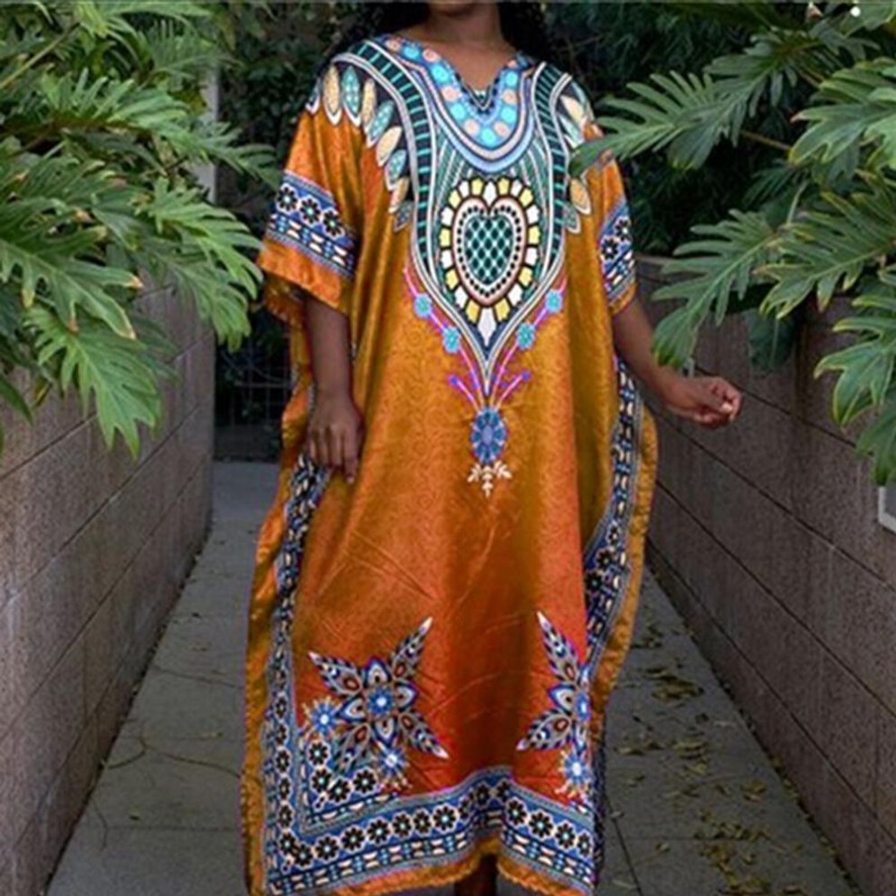 (orange, 2XL) Women Plus Size Floral Print Mid Sleeve Loose Dresses
