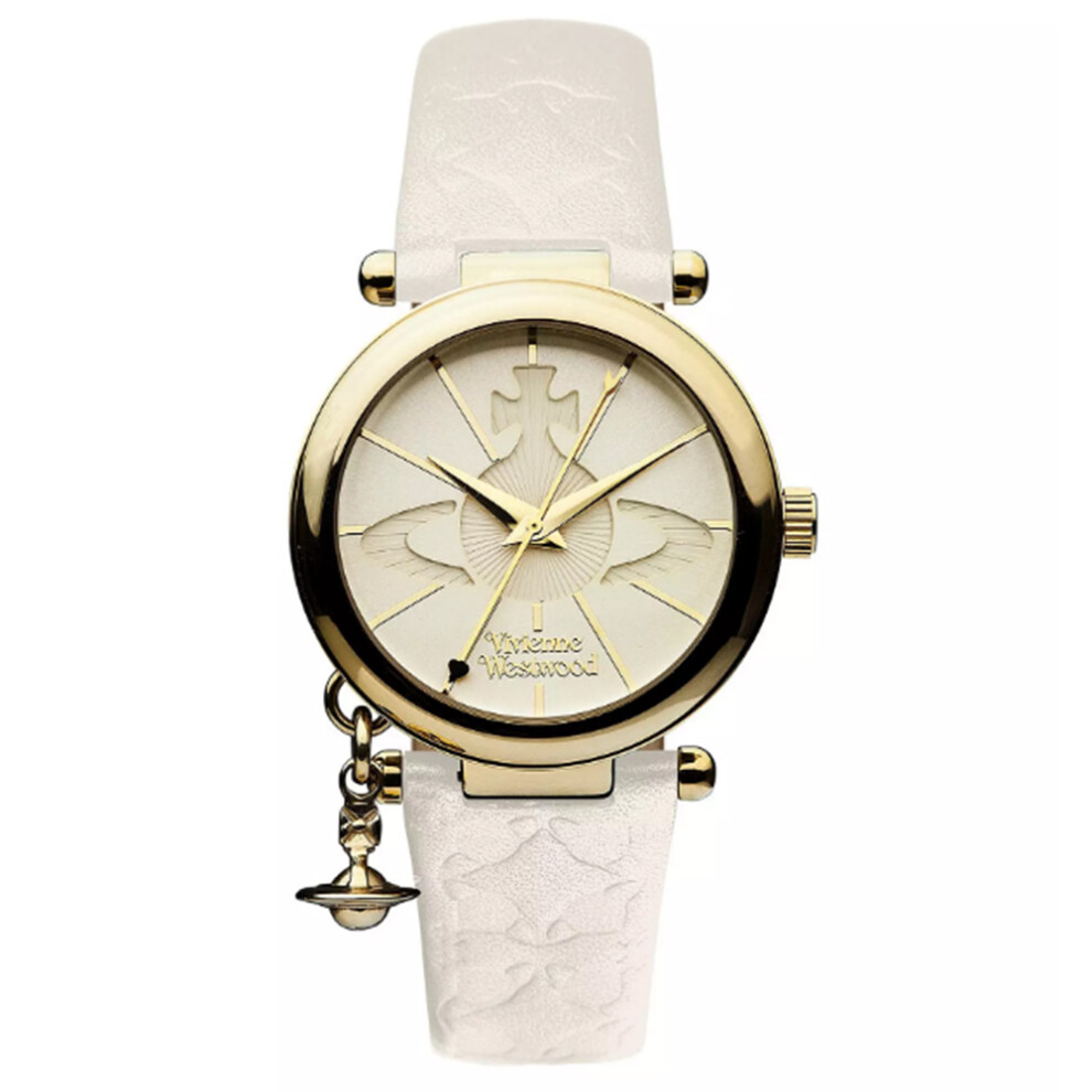 Vivienne Westwood Orb II White and Gold Logo Dial Gold Plated Case and Charm White Leather Strap Ladies Watch