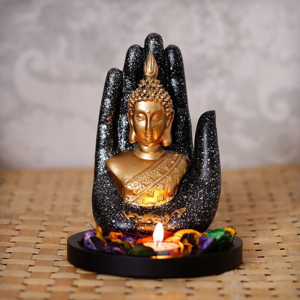 Black Golden Resin Palm Buddha Statue Tea Light Candle Holder | Buddha Showpiece For Home Decor Living Room Office | Gautam Buddha Idol Gift New