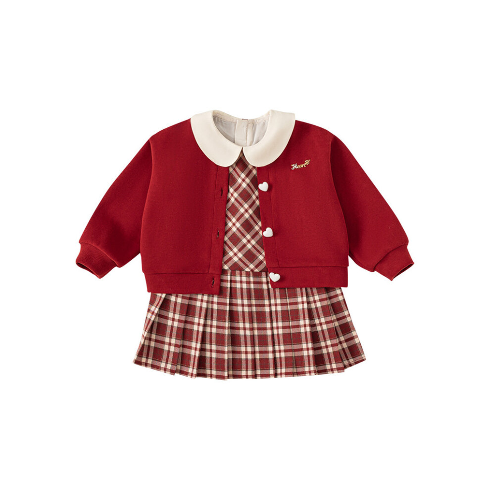 (90CM)Tenue mode enfant fille gilet à carreaux jupe cardigan tricoté pour automne printemps