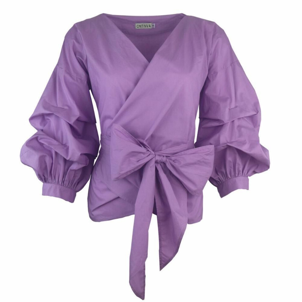 (M, purple) Women Blouses Sexy V Neck Puff Sleeve White Pink Shirt Tops With Belt Plus Size Office Wear Shirts For Ladies