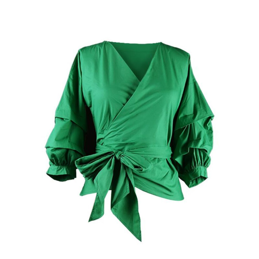 (XXXL, green) Women Blouses Sexy V Neck Puff Sleeve White Pink Shirt Tops With Belt Plus Size Office Wear Shirts For Ladies