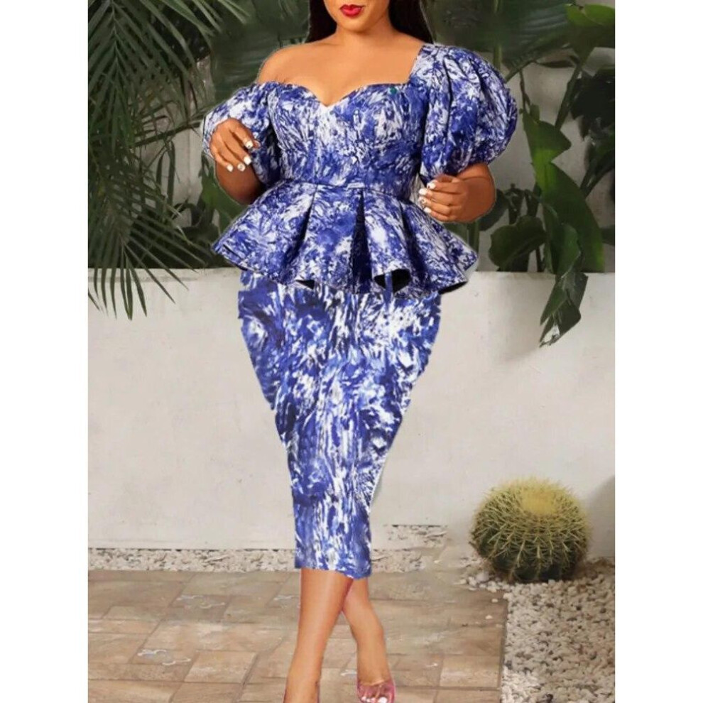(blue, S) Women Dresses Blue Peplum Midi Tie Dye Short Puff Sleeve Vintage Elegant Office Ladies Evening Cocktail Event Gowns Plus Size