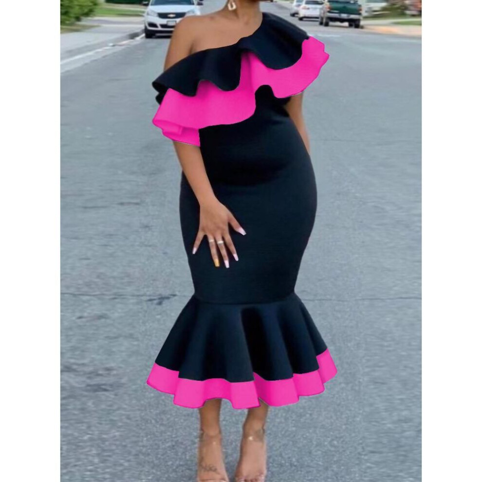 (rose, L) Bodycon Mermaid Dresses Women Off Shoulder Ruffles Black Contrast Color Midi Elegant African Party Birthday Event Gowns