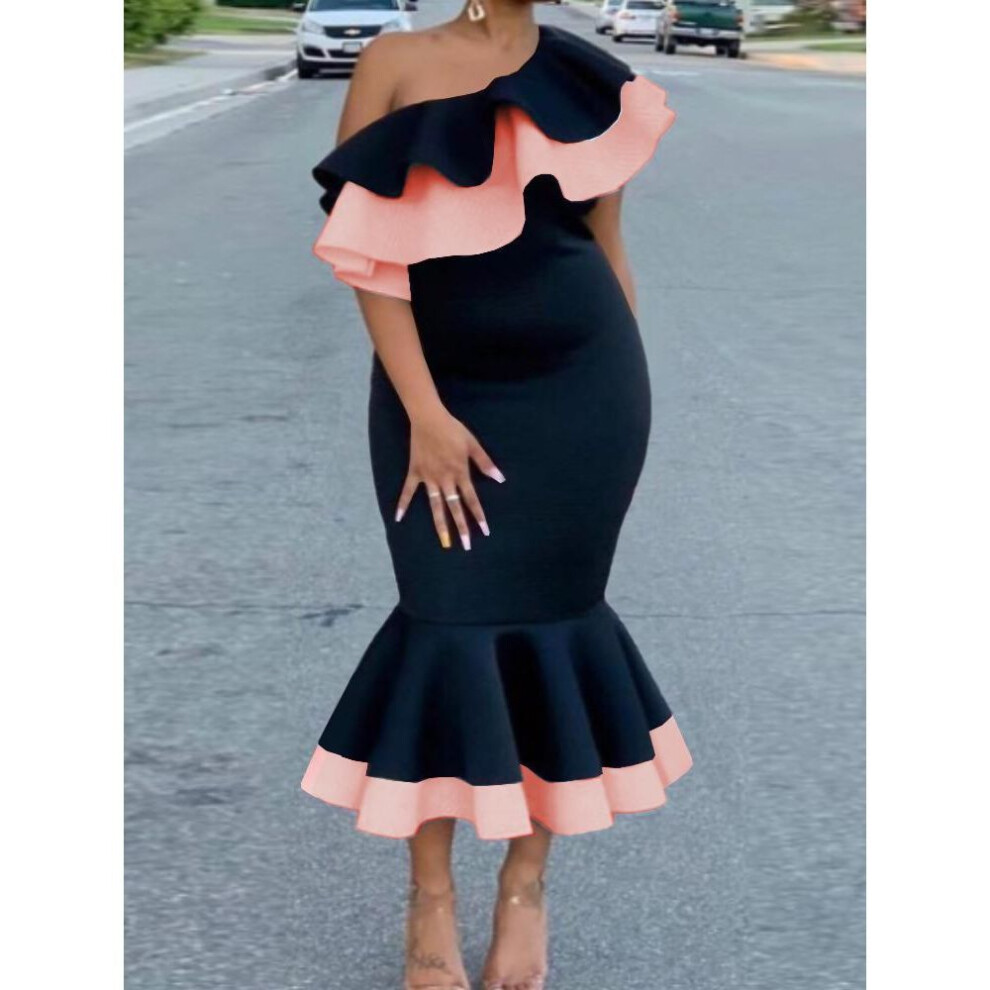 (pink, XXL) Bodycon Mermaid Dresses Women Off Shoulder Ruffles Black Contrast Color Midi Elegant African Party Birthday Event Gowns
