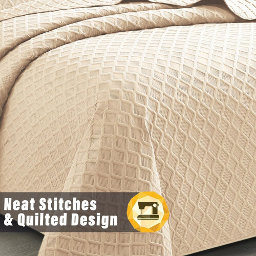 (Beige, Super King) 3 Piece Emboss Bedspread Check Quilted Bedding Set 2
