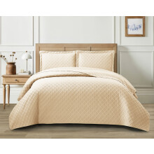 (Beige, King) 3 Piece Emboss Bedspread Check Quilted Bedding Set