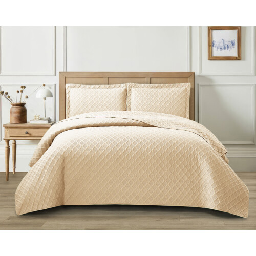 (Beige, King) 3 Piece Emboss Bedspread Check Quilted Bedding Set
