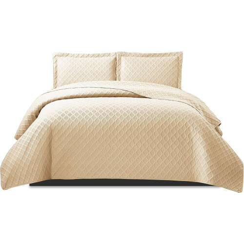 (Beige, King) 3 Piece Emboss Bedspread Check Quilted Bedding Set 2