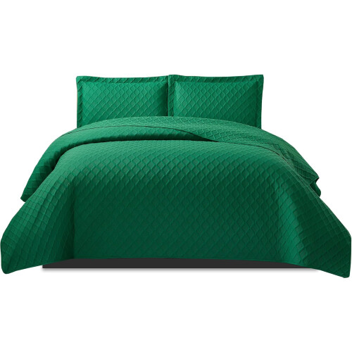 (Green, Double) 3 Piece Emboss Bedspread Check Quilted Bedding Set